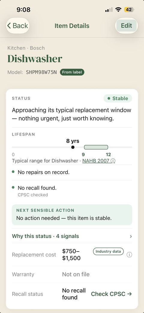 Item detail: lifespan band attributed to NAHB 2007, a 750 to 1500 dollar replacement range marked Industry data, and a CPSC recall check.
