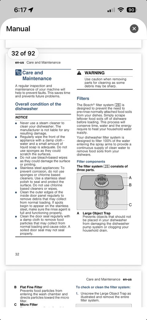 The Bosch owner's manual open in the app at page 32 of 92, showing the Care and Maintenance section and filter diagram.
