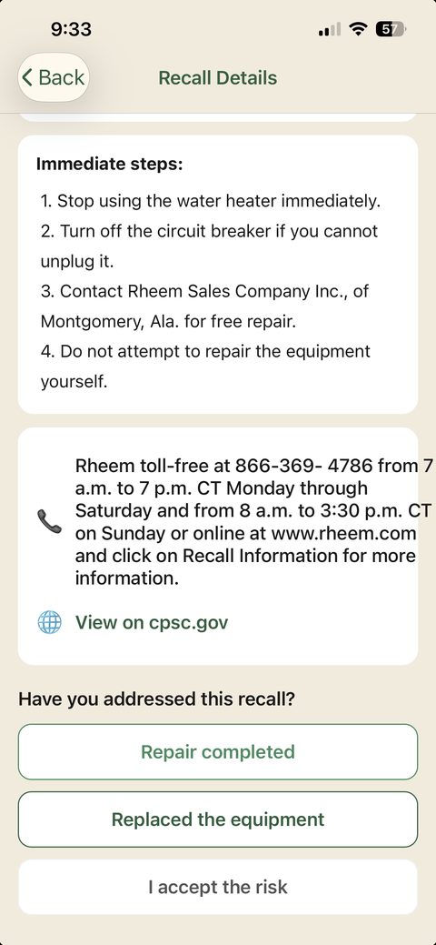 Recall detail: immediate safety steps, the manufacturer contact line, and buttons to mark the recall repaired, replaced, or acknowledged.