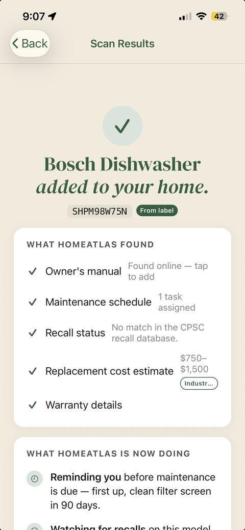 Scan results: Bosch dishwasher added to your home, manual found, maintenance assigned, no CPSC recall match.